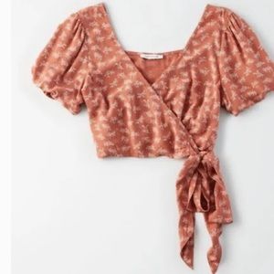 American eagle pink floral faux wrap top